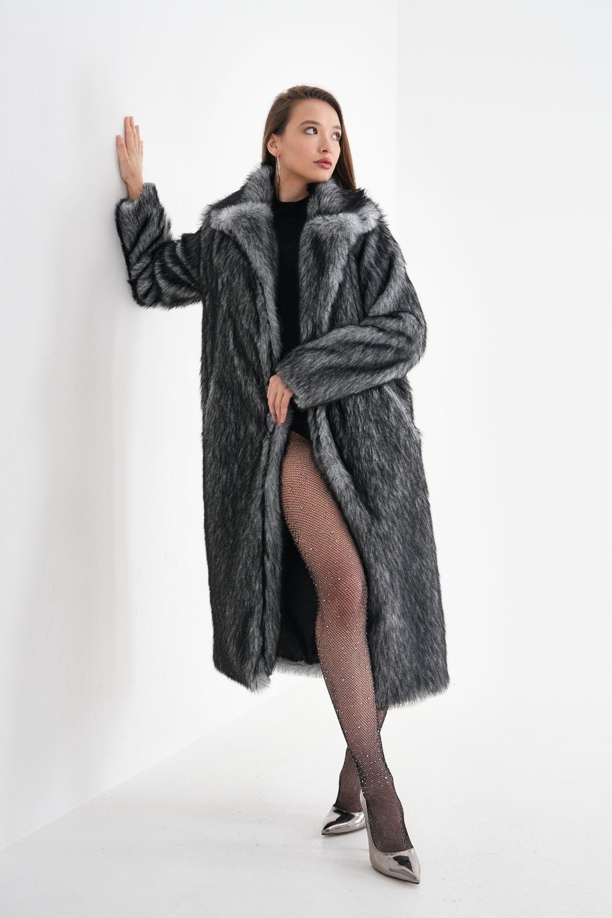 Long Faux Fur Coat – Gray Chinchilla Pattern faux fur coat LUNARITY GARAGE S/M