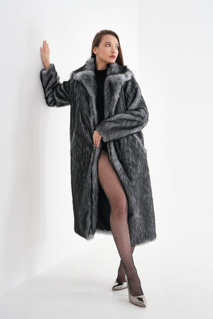 Long Faux Fur Coat – Gray Chinchilla Pattern faux fur coat LUNARITY GARAGE S/M