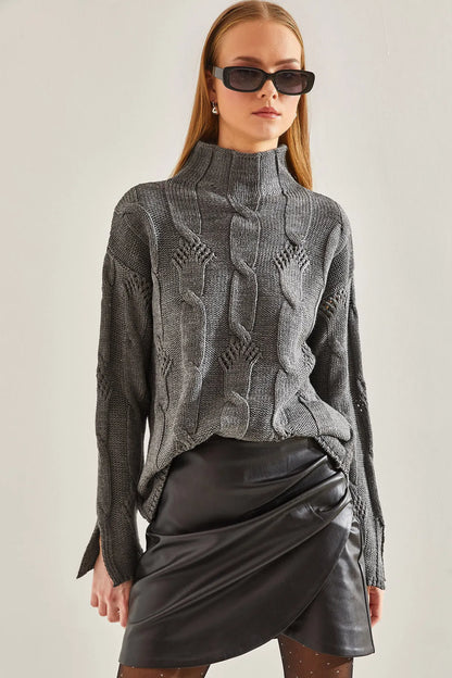 Women's Half-Turtleneck Cable Knit Sweater sweater LUNARITY GARAGE One Size Gray