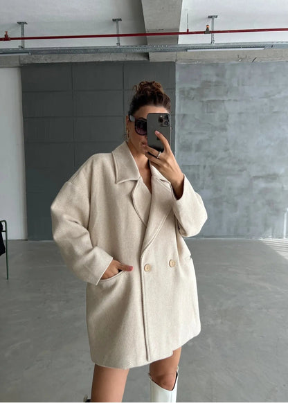 Cashmere Style Button Up Jacket – Classic Long Sleeve Coat with Double Pockets Jackets LUNARITY GARAGE One size Beige