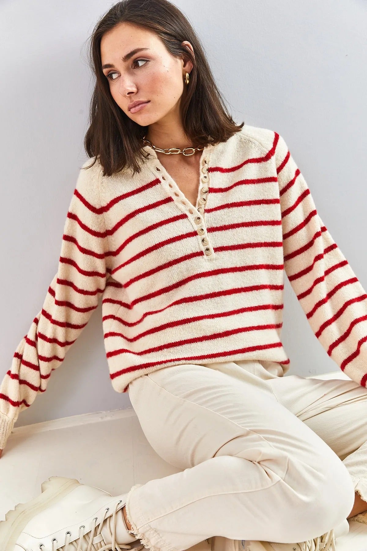 Women's Buttoned Turtleneck Striped Knit Sweater sweater LUNARITY GARAGE