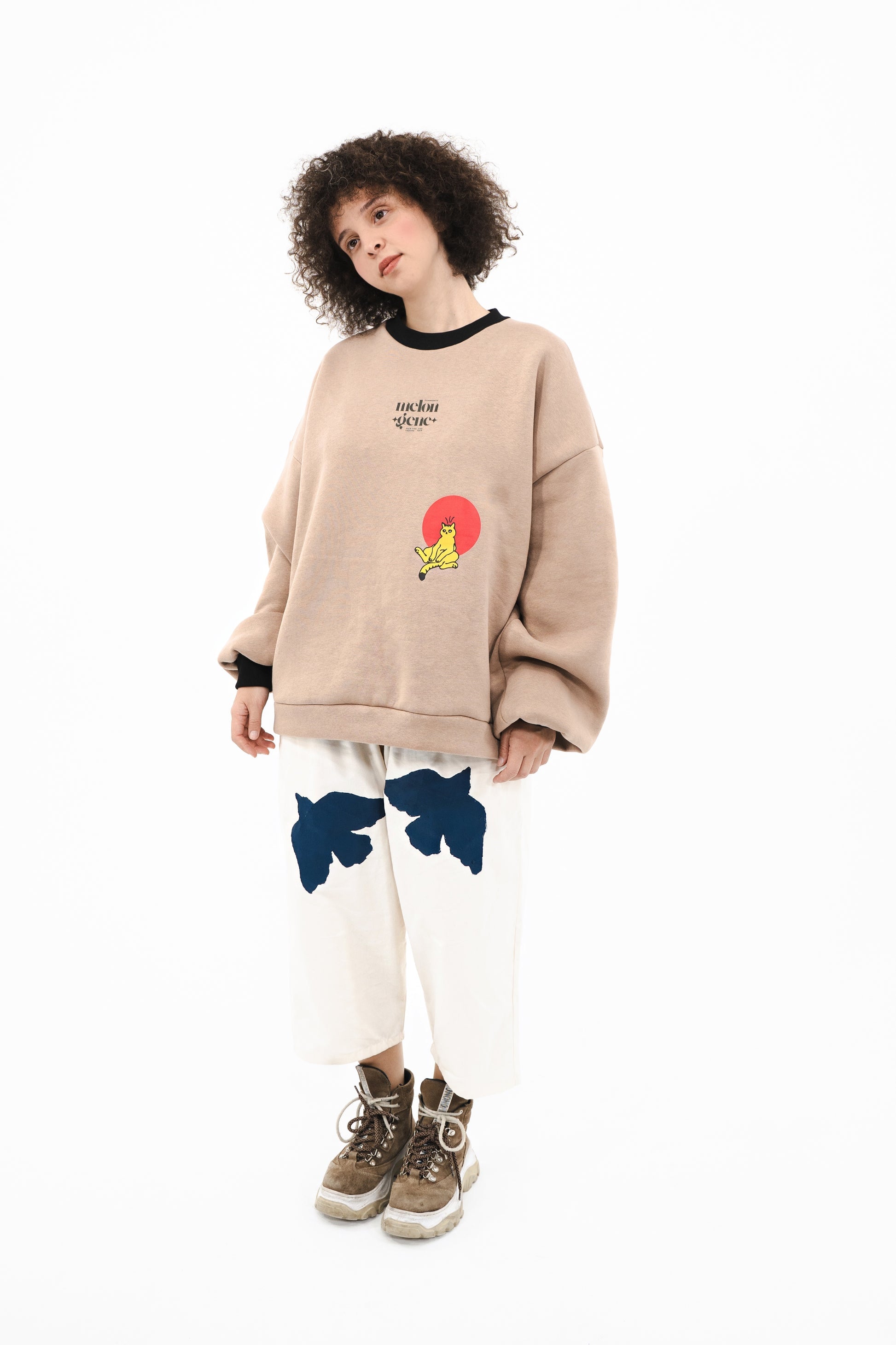 There Was a Cat So Bored with the World Oversized Black & Beige Sweatshirt Sweatshirts LUNARITY GARAGE XS