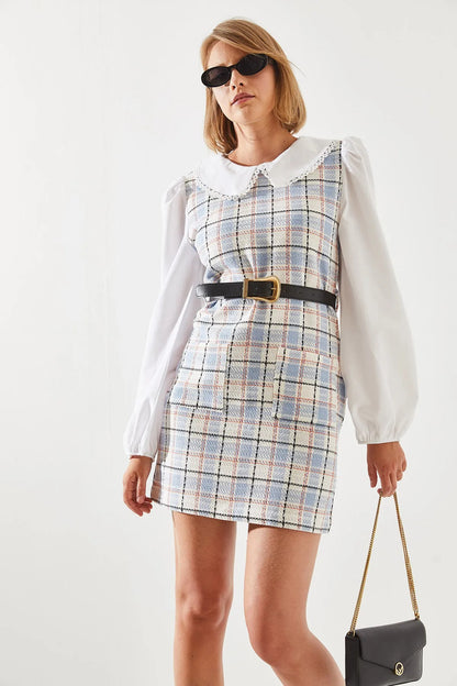 Women's Belted Plaid Collar Dress dress LUNARITY GARAGE Soft Blue Small