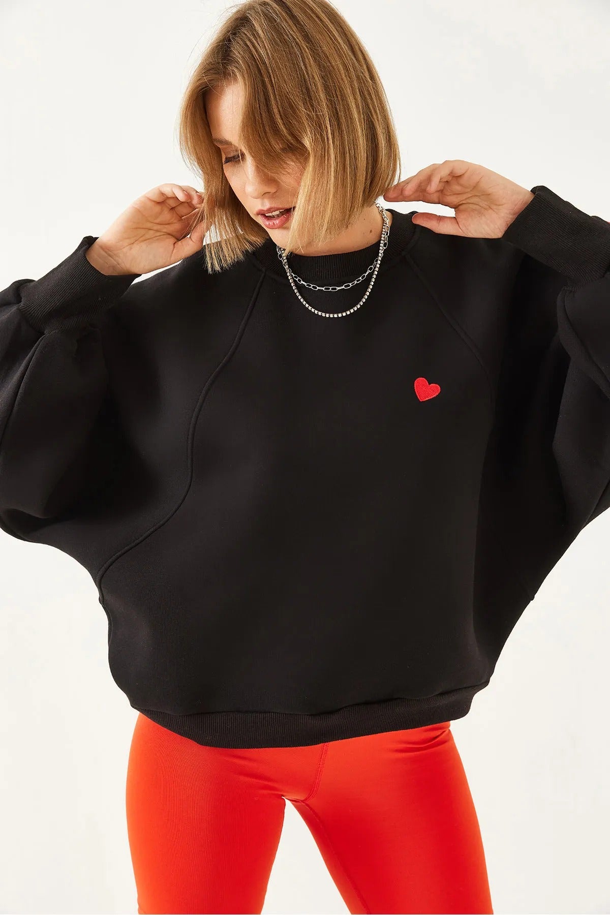 Women's Crew Neck Heart Embroidered Three-Ply Brushed Sweatshirt sweatshirt LUNARITY GARAGE Small Black