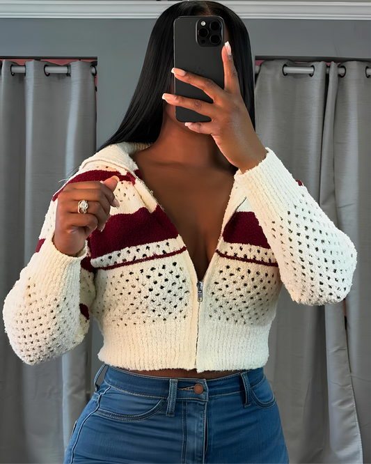 Hollow Stripe Crochet Crop Sweater – Y2K Full Sleeve Zip Knit Jacket Jackets Lunarity Garage S