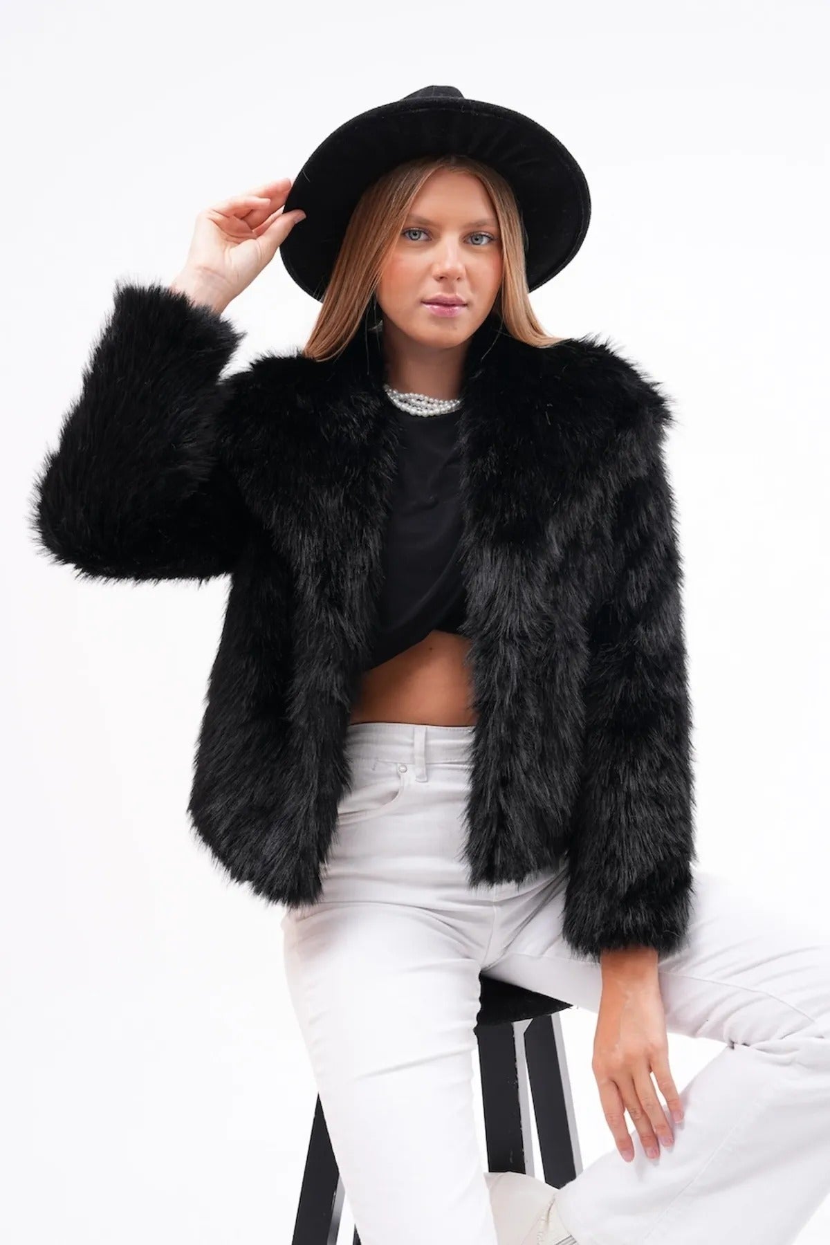 Wide Collar Faux Fur Jacket – Black faux fur coat LUNARITY GARAGE