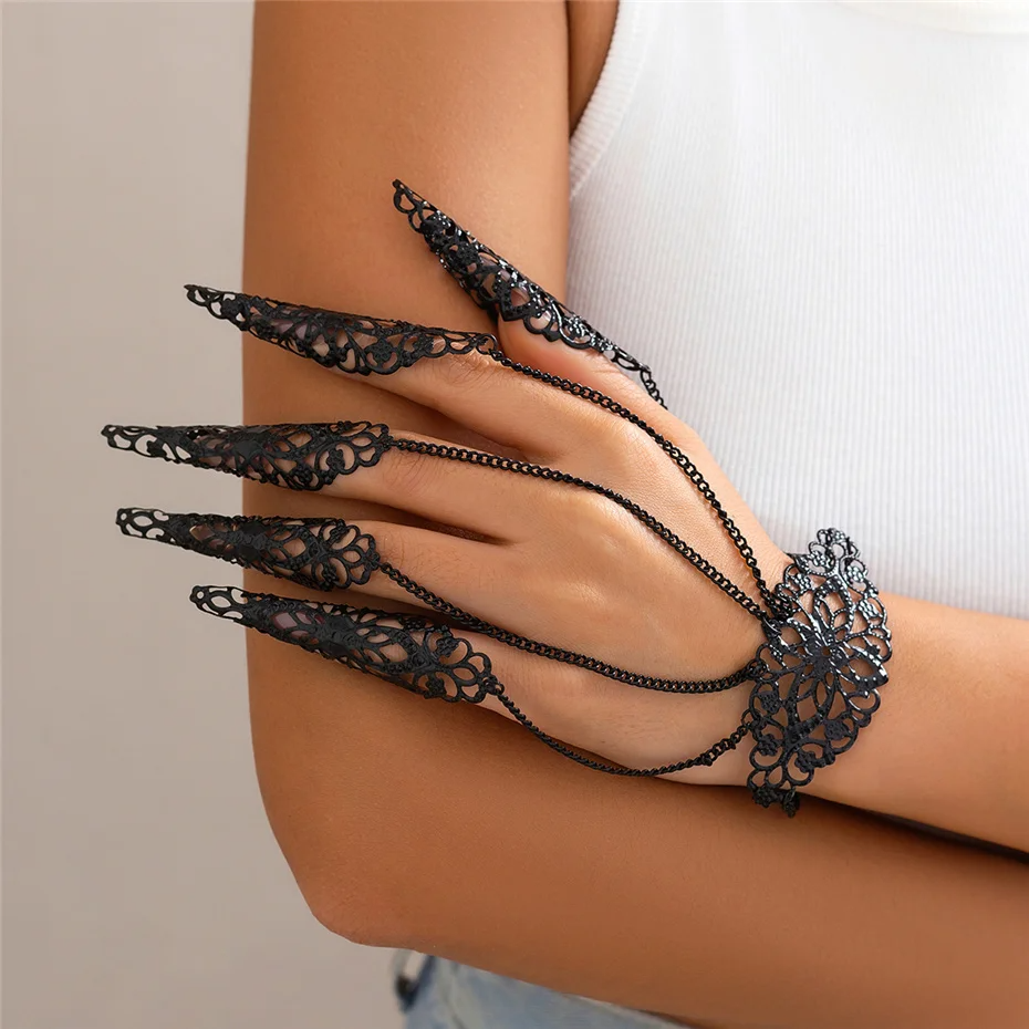Creative Exaggerated Dubai Indian Finger Wrist Chain Bracelets - Y2K Steampunk Jewelry Finger Bracelet LUNARITY GARAGE Black