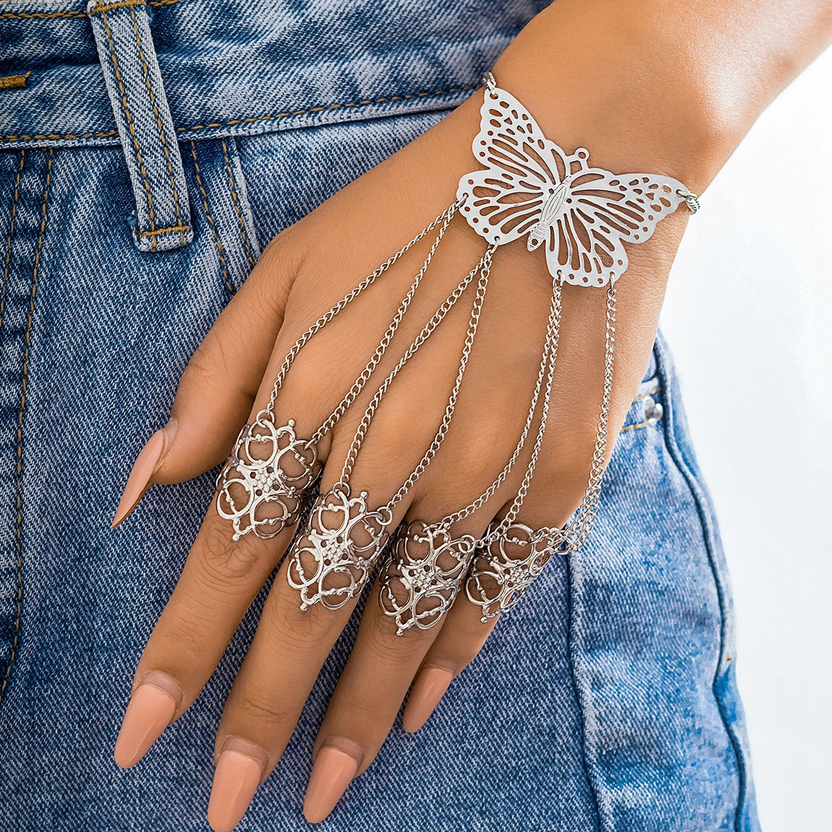 Goth Gypsy Ethnic Big Hollow Butterfly Wrist Chain Finger Rings Finger Bracelet LUNARITY GARAGE Silver  