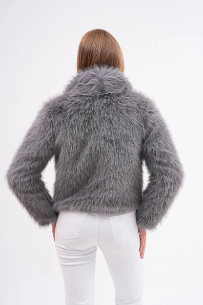 Wide Collar Faux Fur Jacket – Gray faux fur coat LUNARITY GARAGE