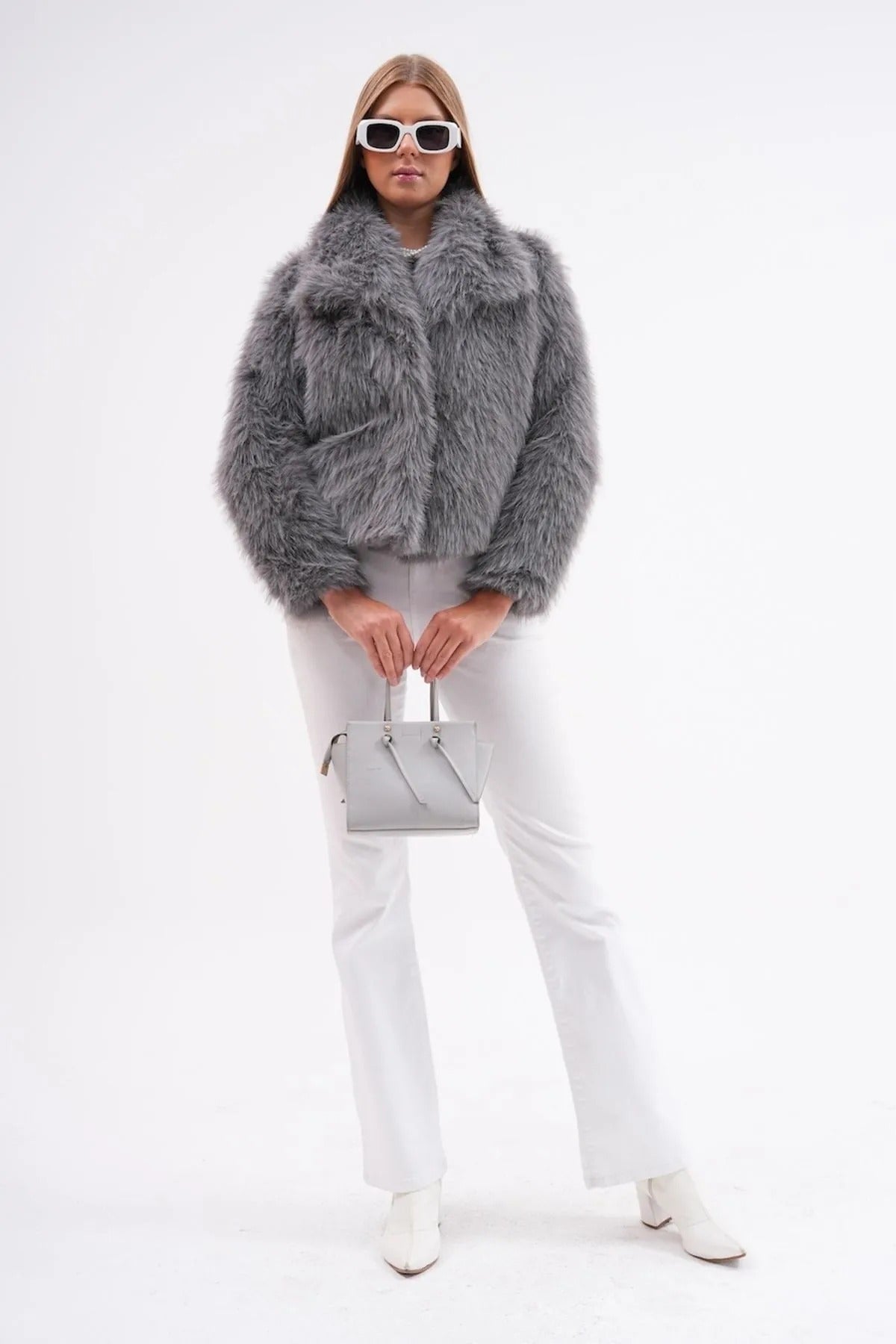 Wide Collar Faux Fur Jacket – Gray faux fur coat LUNARITY GARAGE