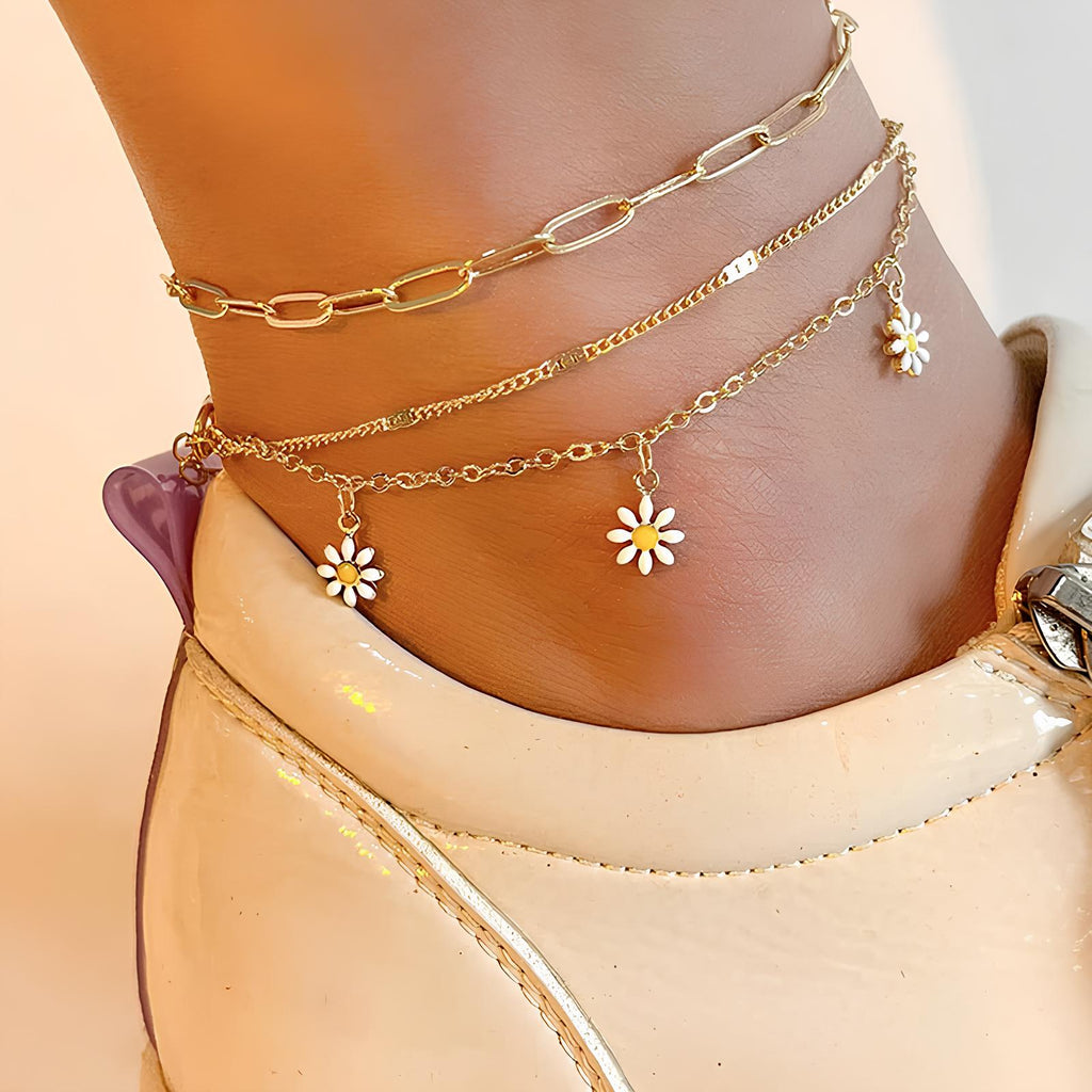3pcs/set Small Daisy Flower Multilayer Chain Anklets Anklet Lunarity Garage   
