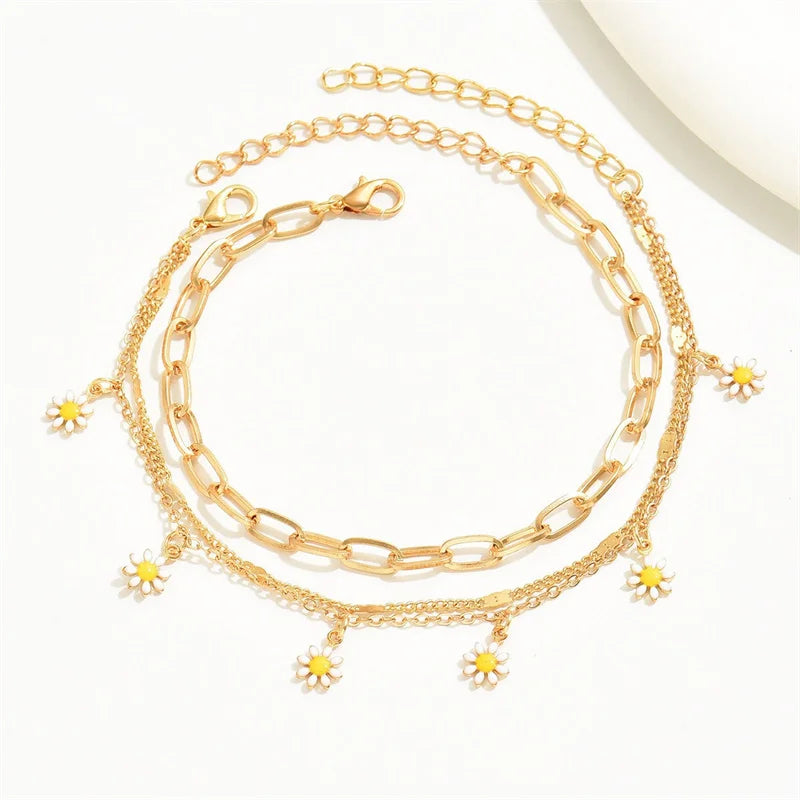 3pcs/set Small Daisy Flower Multilayer Chain Anklets Anklet Lunarity Garage   