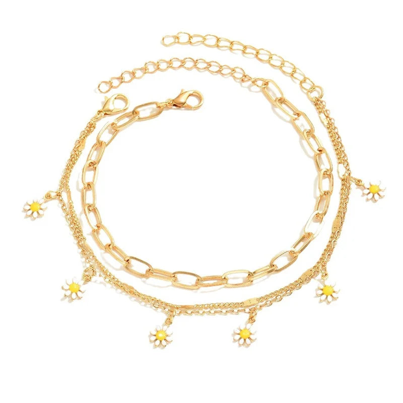 3pcs/set Small Daisy Flower Multilayer Chain Anklets Anklet Lunarity Garage   