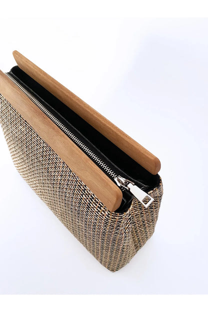 Wooden Detail Striped Jute Straw Clutch clutch LUNARITY GARAGE   