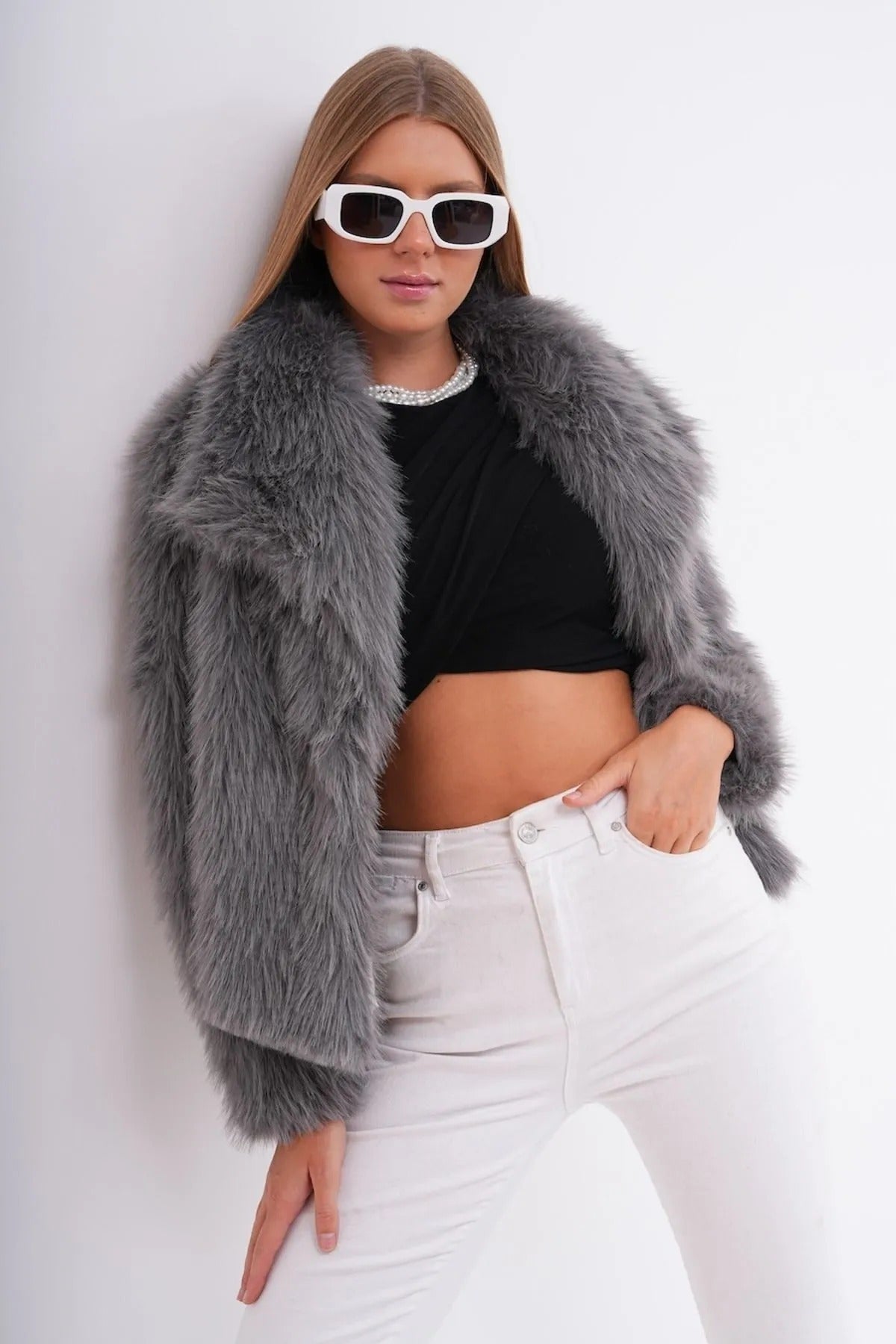 Wide Collar Faux Fur Jacket – Gray faux fur coat LUNARITY GARAGE