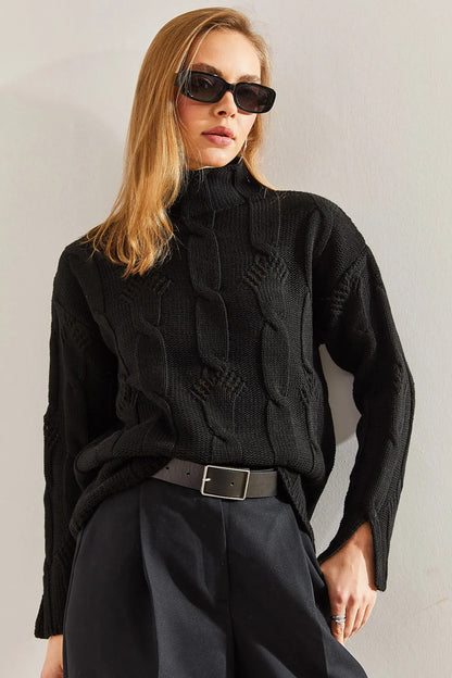 Women's Half-Turtleneck Cable Knit Sweater sweater LUNARITY GARAGE One Size Black