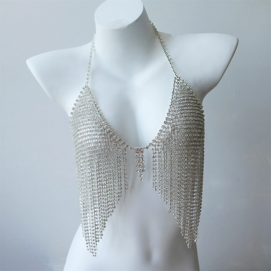 Festival Chic: Luxury Sexy Long Tassel Rhinestone Bra Chain Body Harness - Crystal Top Body Jewelry Rhinestone Crop Top LUNARITY GARAGE