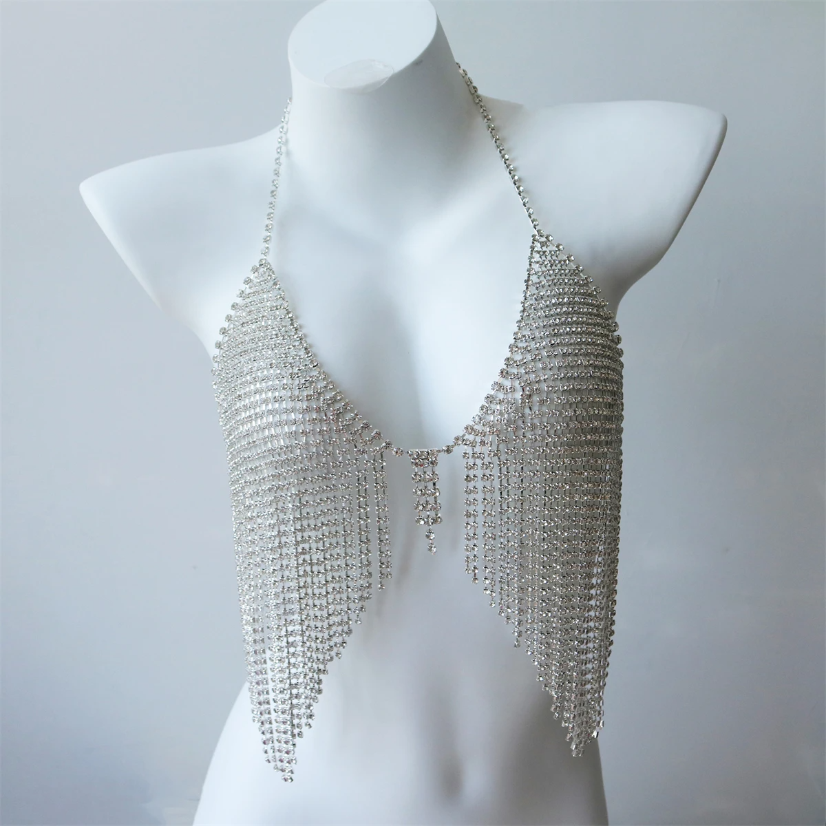 Festival Chic: Luxury Sexy Long Tassel Rhinestone Bra Chain Body Harness - Crystal Top Body Jewelry Body Jewelery LUNARITY GARAGE   