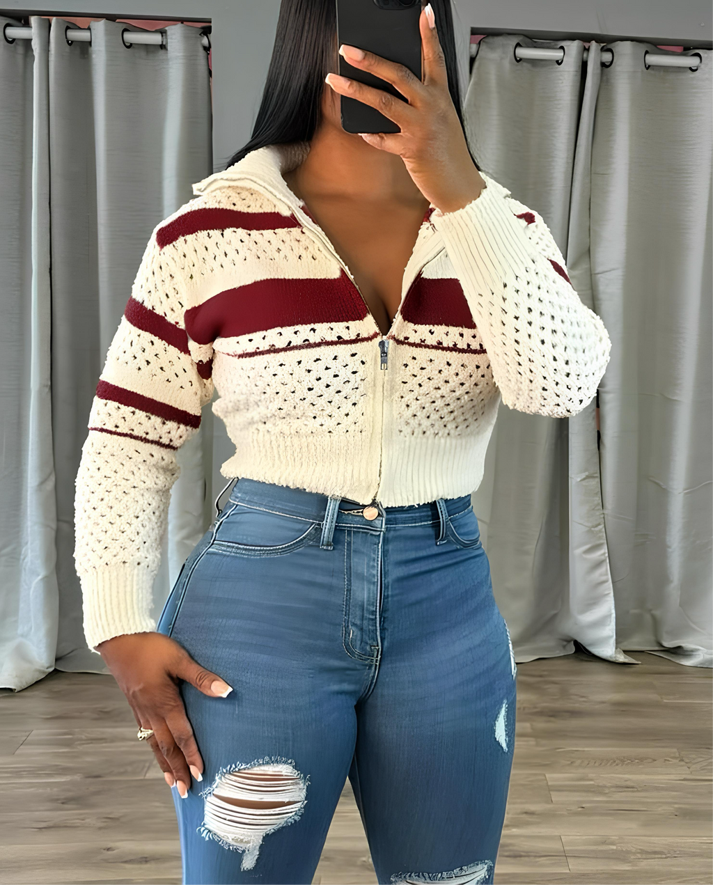 Hollow Stripe Crochet Crop Sweater – Y2K Full Sleeve Zip Knit Jacket Jackets Lunarity Garage