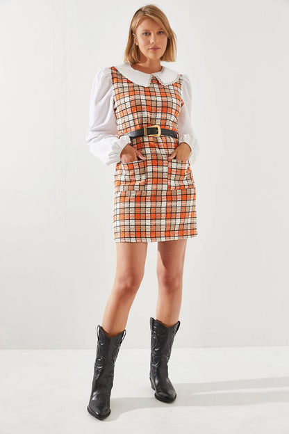 Women's Belted Plaid Collar Dress dress LUNARITY GARAGE