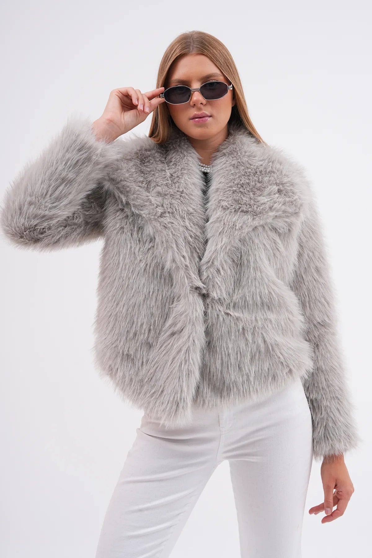 Wide Collar Faux Fur Jacket – Soft Gray faux fur coat LUNARITY GARAGE Small