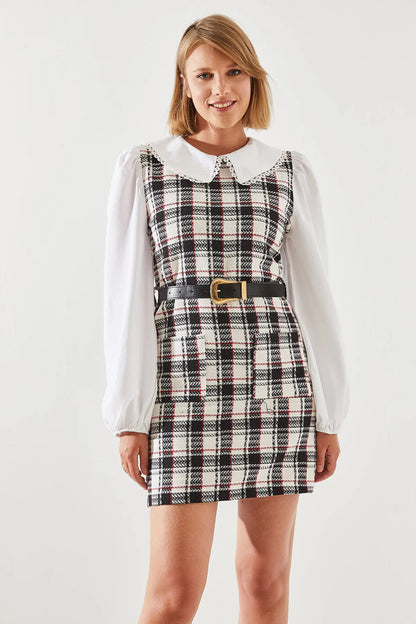 Women's Belted Plaid Collar Dress dress LUNARITY GARAGE