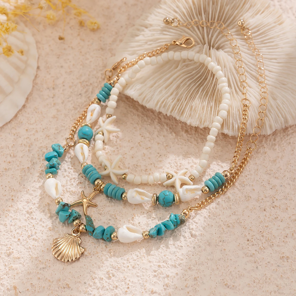 Boho Starfish Conch Green Stone Chain Anklet anklet LUNARITY GARAGE   