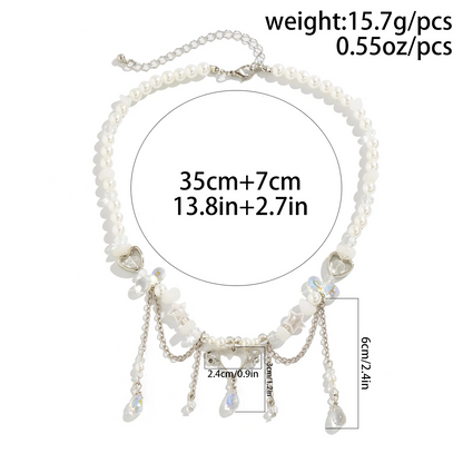 Y2K Imitation Pearl Crystal Beads Heart Charm Tassel Choker necklaces LUNARITY GARAGE   