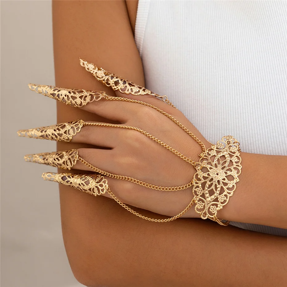 Creative Exaggerated Dubai Indian Finger Wrist Chain Bracelets - Y2K Steampunk Jewelry Finger Bracelet LUNARITY GARAGE Gold