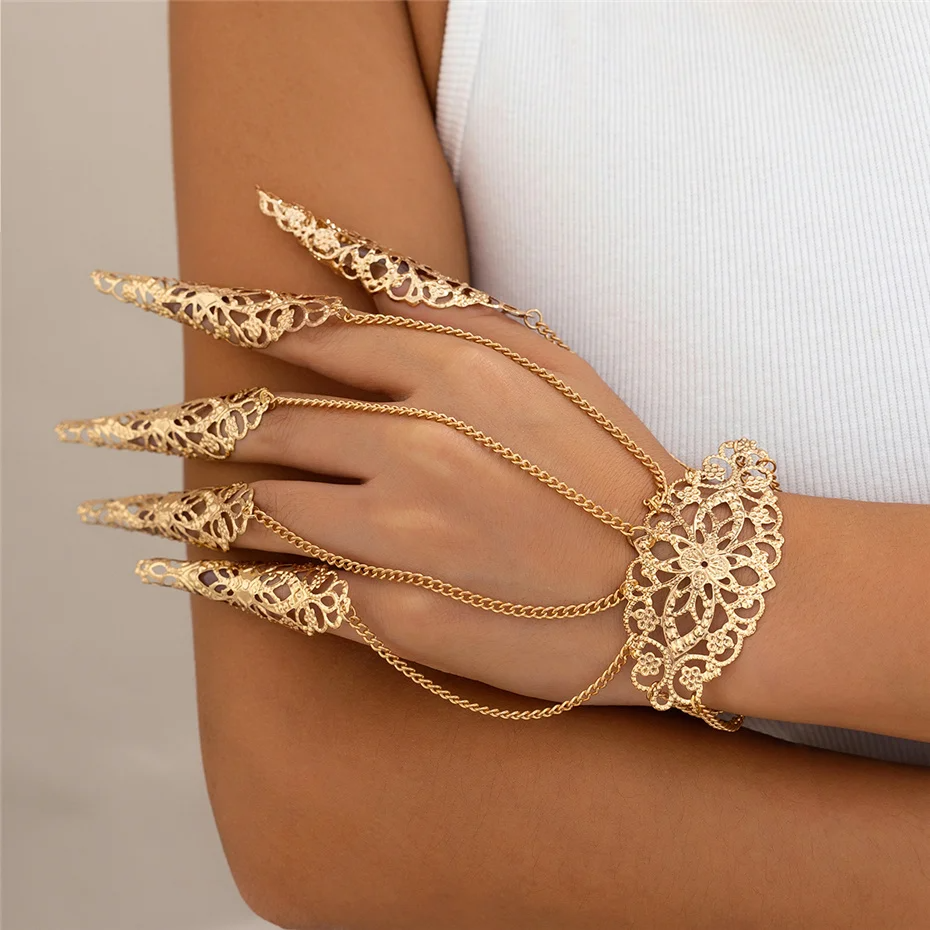 Creative Exaggerated Dubai Indian Finger Wrist Chain Bracelets - Y2K Steampunk Jewelry Finger Bracelet LUNARITY GARAGE Gold  