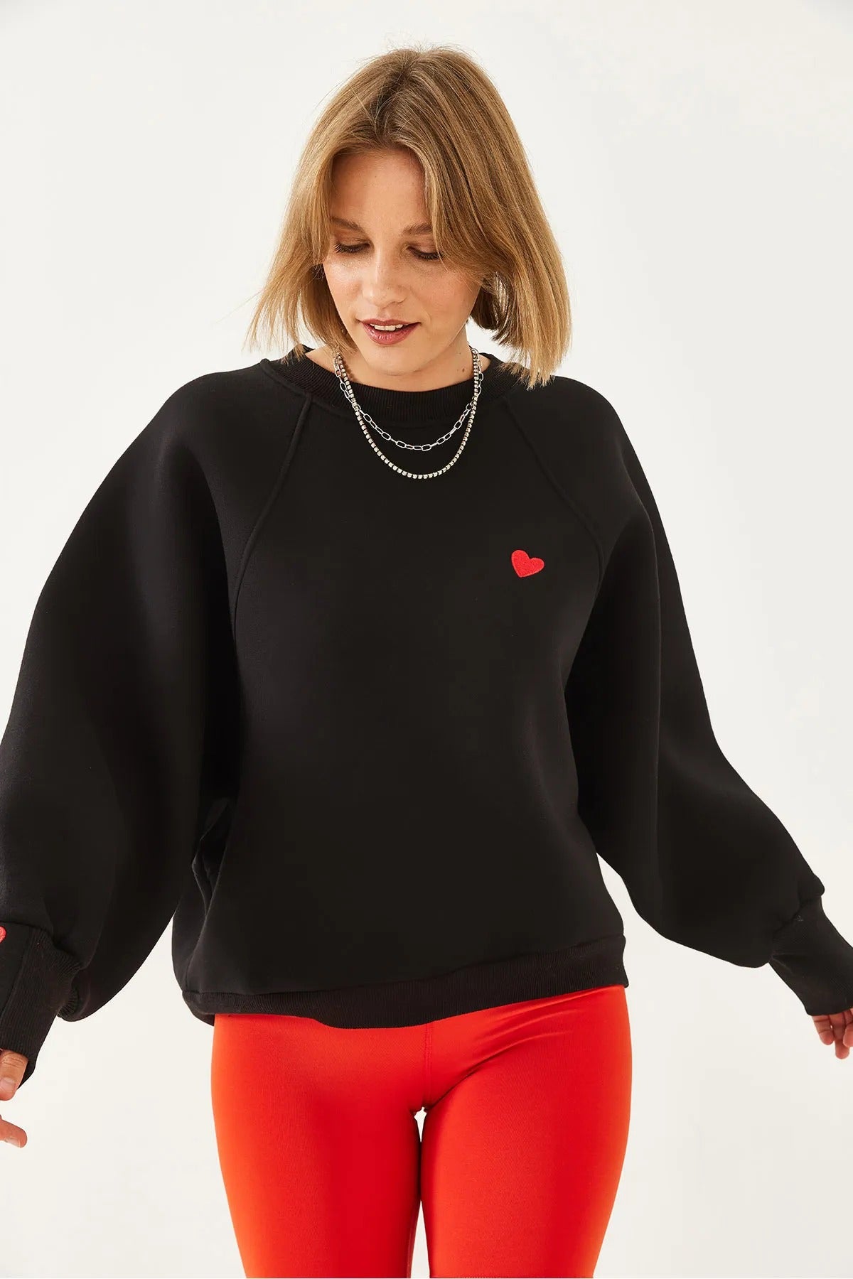 Women's Crew Neck Heart Embroidered Three-Ply Brushed Sweatshirt sweatshirt LUNARITY GARAGE