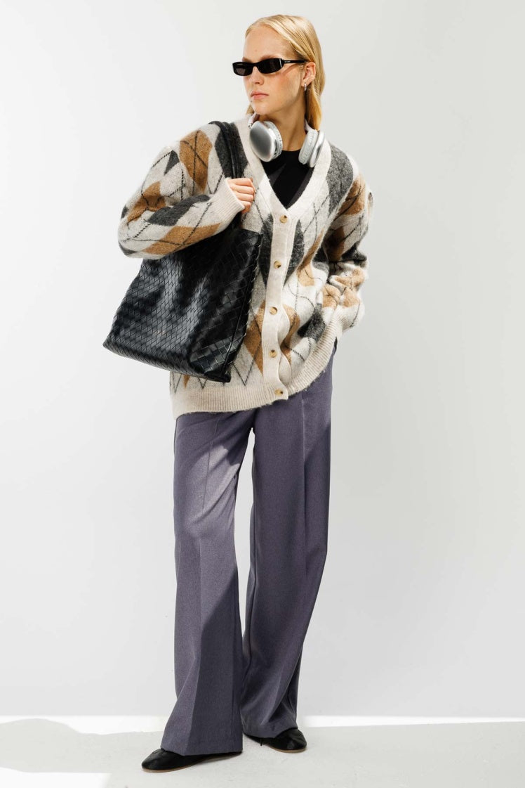 Plaid Argyle Patterned Brushed Beige Cardigan cardigan LUNARITY GARAGE