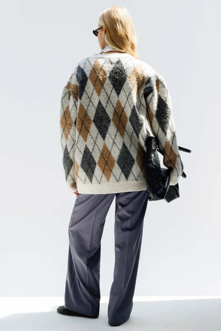 Plaid Argyle Patterned Brushed Beige Cardigan cardigan LUNARITY GARAGE