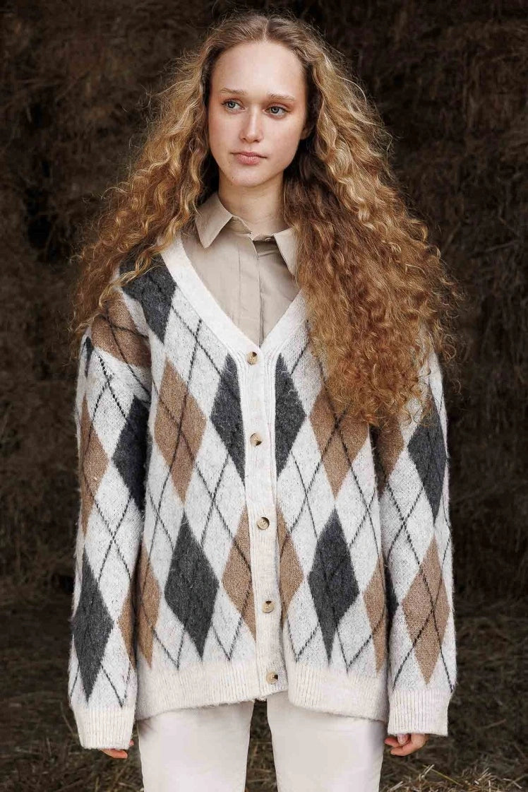 Plaid Argyle Patterned Brushed Beige Cardigan cardigan LUNARITY GARAGE Standard
