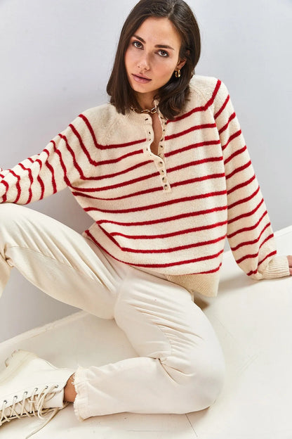 Women's Buttoned Turtleneck Striped Knit Sweater sweater LUNARITY GARAGE