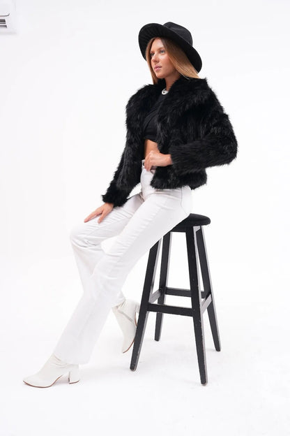 Wide Collar Faux Fur Jacket – Black faux fur coat LUNARITY GARAGE