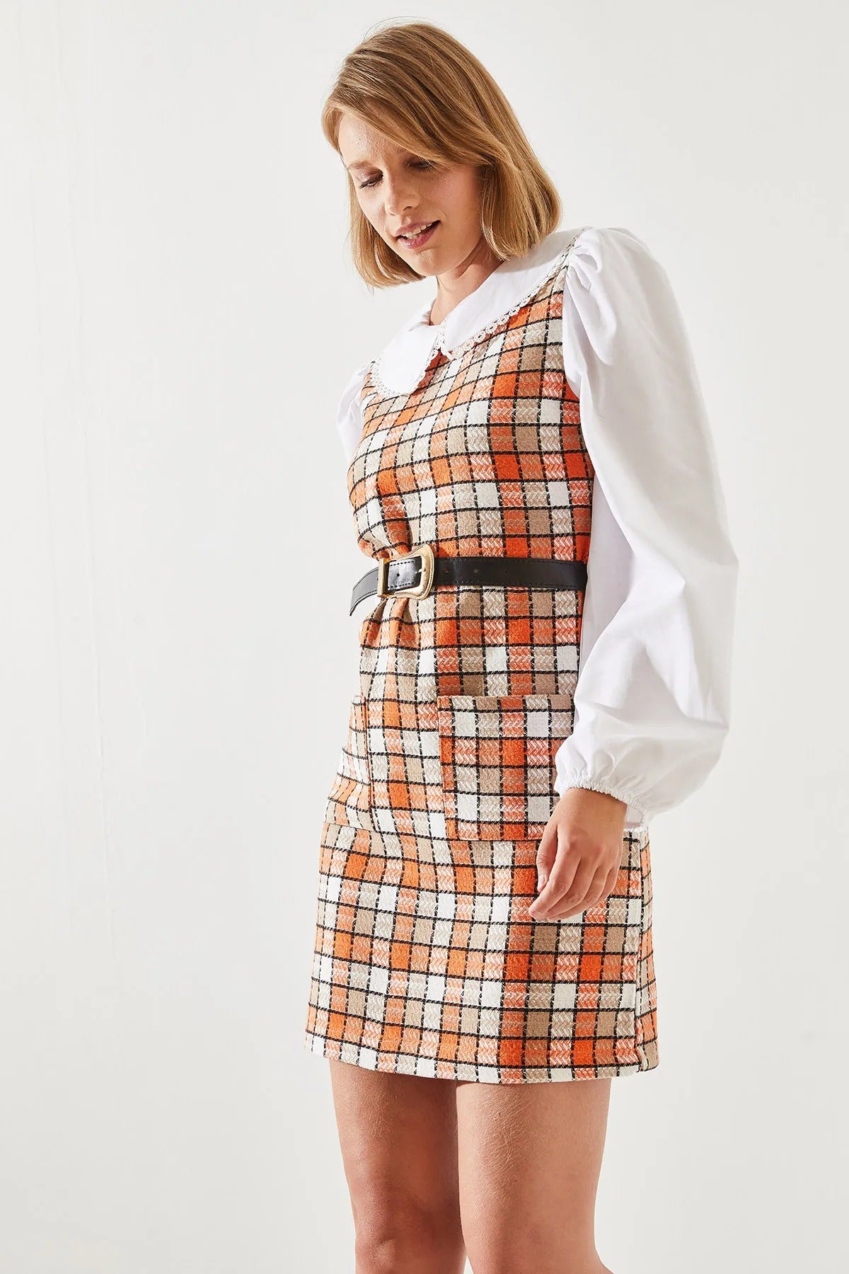 Women's Belted Plaid Collar Dress dress LUNARITY GARAGE