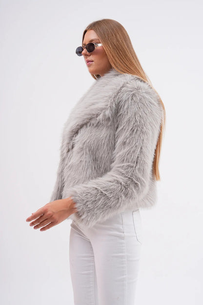 Wide Collar Faux Fur Jacket – Soft Gray faux fur coat LUNARITY GARAGE