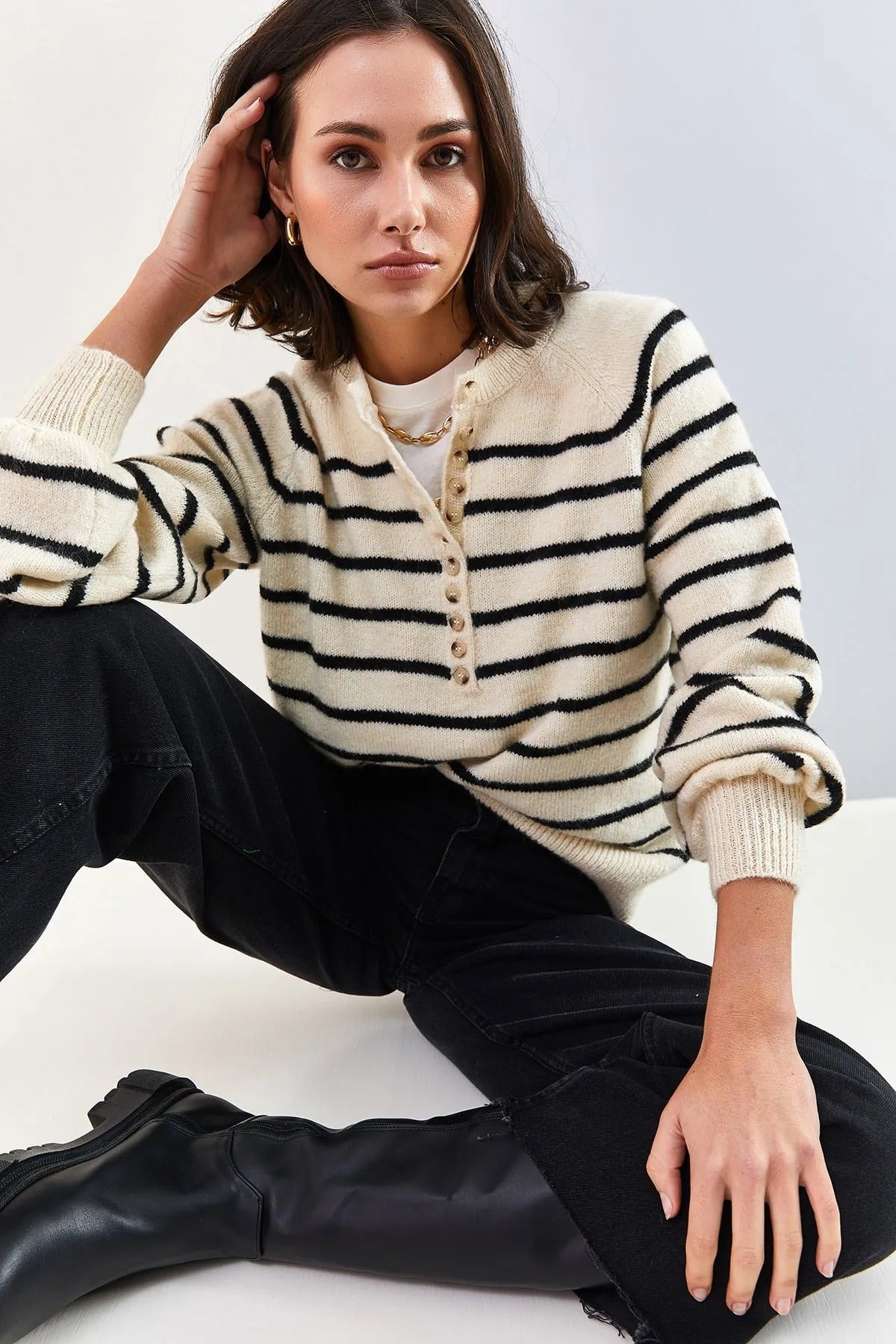 Women's Buttoned Turtleneck Striped Knit Sweater sweater LUNARITY GARAGE