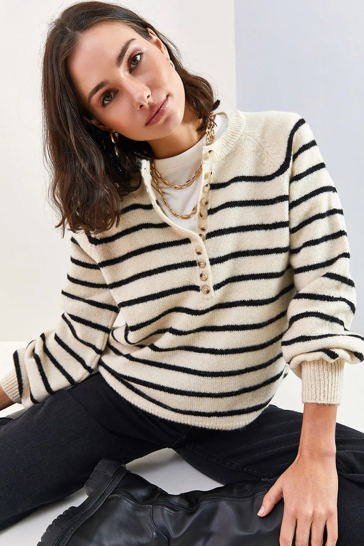 Women's Buttoned Turtleneck Striped Knit Sweater sweater LUNARITY GARAGE