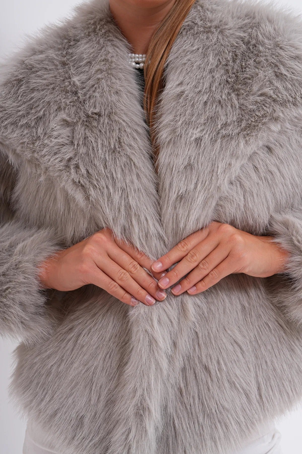 Wide Collar Faux Fur Jacket – Soft Gray faux fur coat LUNARITY GARAGE