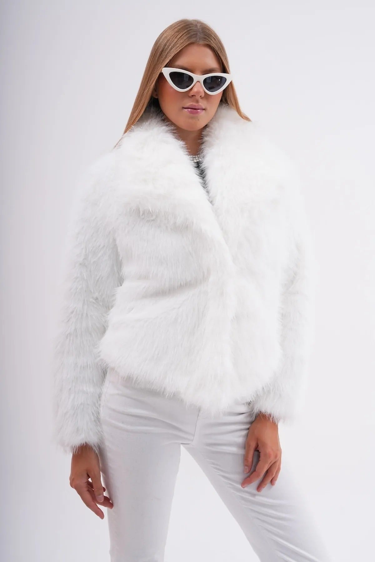 Wide Collar Faux Fur Jacket – White faux fur coat LUNARITY GARAGE Small