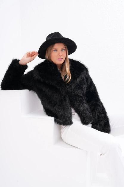 Wide Collar Faux Fur Jacket – Black faux fur coat LUNARITY GARAGE