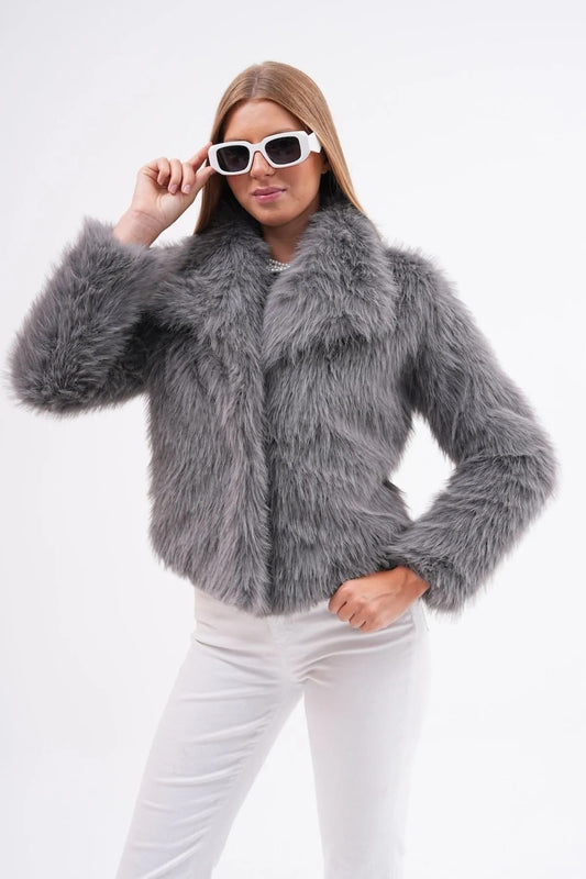 Wide Collar Faux Fur Jacket – Gray faux fur coat LUNARITY GARAGE Small