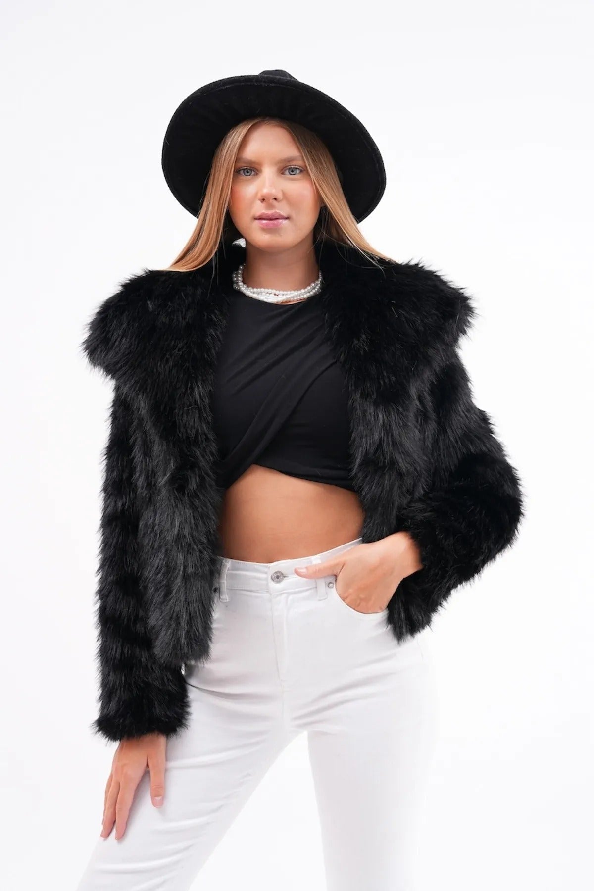 Wide Collar Faux Fur Jacket – Black faux fur coat LUNARITY GARAGE Small