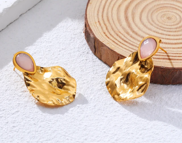 Vintage Gold Plated Exquisite Pink Natural Stone Drop Earrings earrings LUNARITY GARAGE   