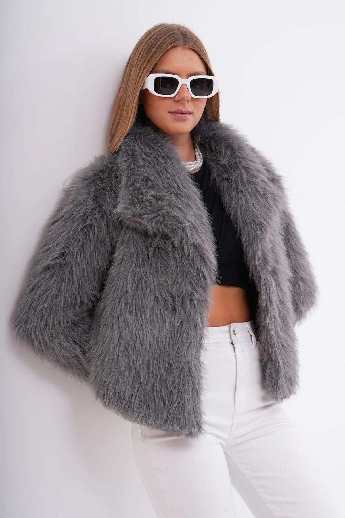 Wide Collar Faux Fur Jacket – Gray faux fur coat LUNARITY GARAGE