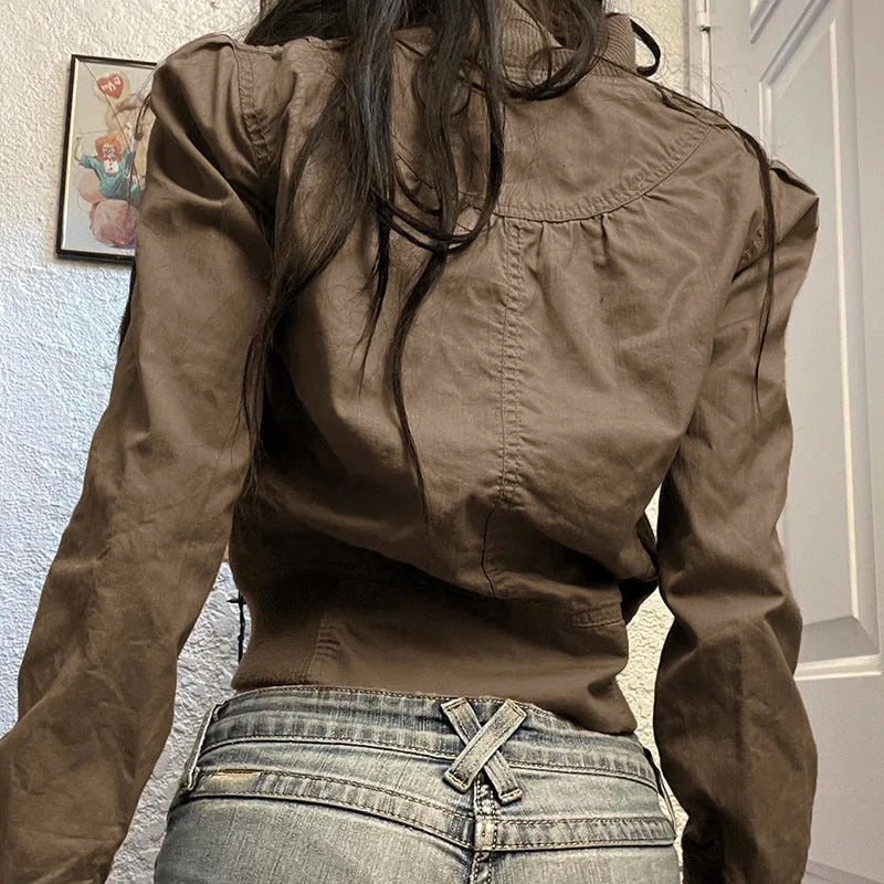Vintage Y2K Brown Crop Bomber Jacket Turtleneck Zip-Up Fall Winter Coat Jackets Lunarity Garage