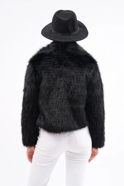 Wide Collar Faux Fur Jacket – Black faux fur coat LUNARITY GARAGE