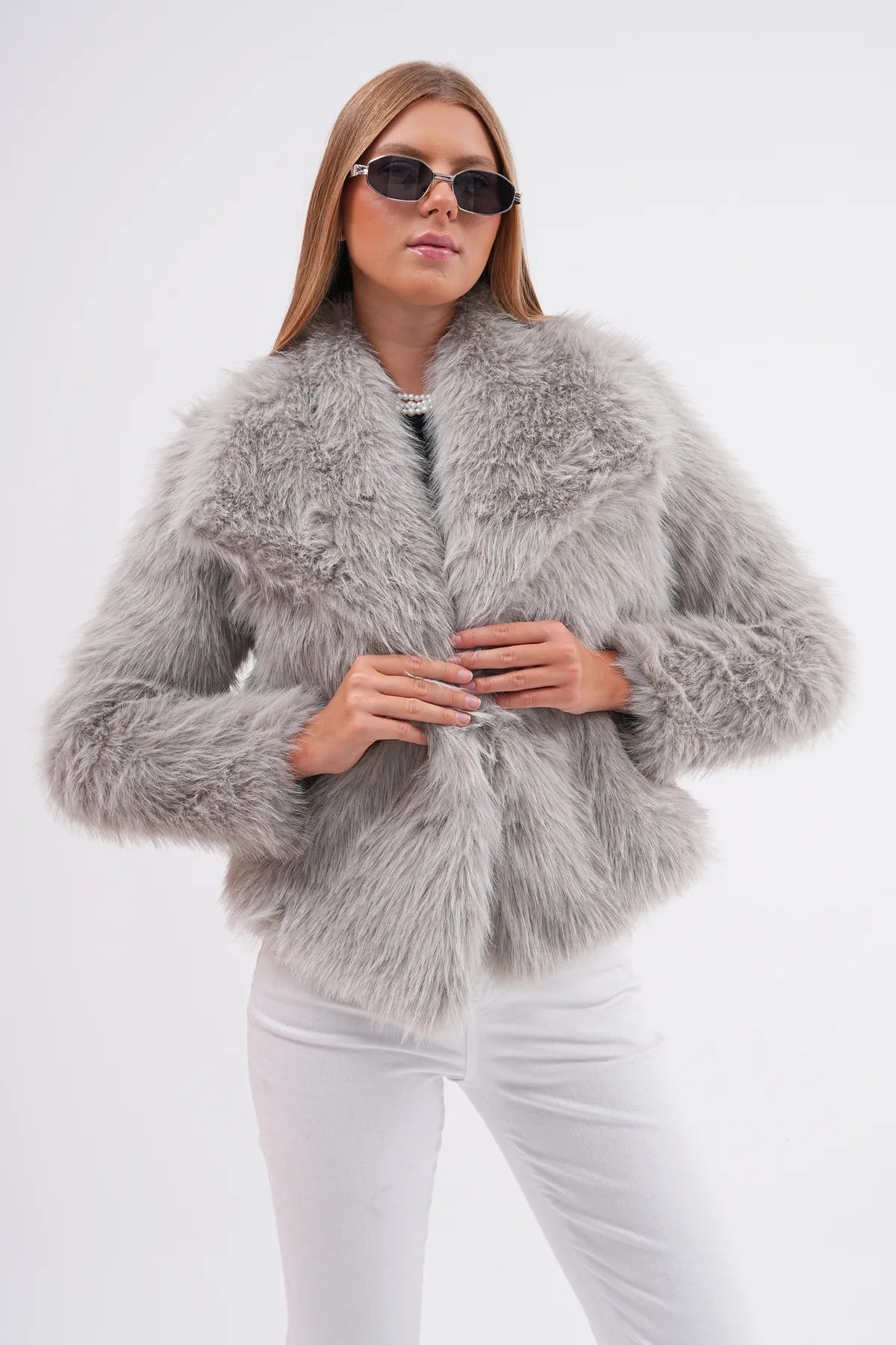 Wide Collar Faux Fur Jacket – Soft Gray faux fur coat LUNARITY GARAGE